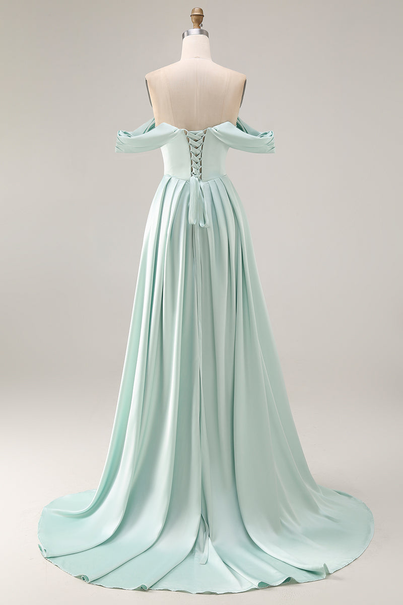 Load image into Gallery viewer, Blue A Line Off the Shoulder Satin Long Prom Dress with Slit