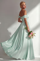 Load image into Gallery viewer, Blue A Line Off the Shoulder Satin Long Prom Dress with Slit