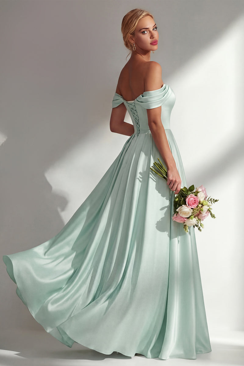 Load image into Gallery viewer, Blue A Line Off the Shoulder Satin Long Prom Dress with Slit