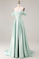 Load image into Gallery viewer, Blue A Line Off the Shoulder Satin Long Prom Dress with Slit
