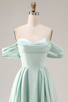 Load image into Gallery viewer, Blue A Line Off the Shoulder Satin Long Prom Dress with Slit