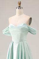 Load image into Gallery viewer, Blue A Line Off the Shoulder Satin Long Prom Dress with Slit