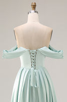Load image into Gallery viewer, Blue A Line Off the Shoulder Satin Long Prom Dress with Slit