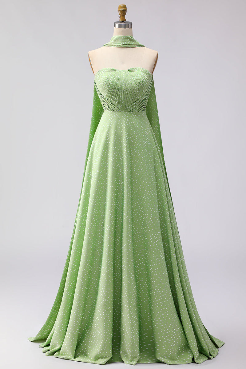 Load image into Gallery viewer, Green White Polka Dots Neck Scarf Long A Line Formal Dress