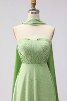 Load image into Gallery viewer, Green White Polka Dots Neck Scarf Long A Line Formal Dress