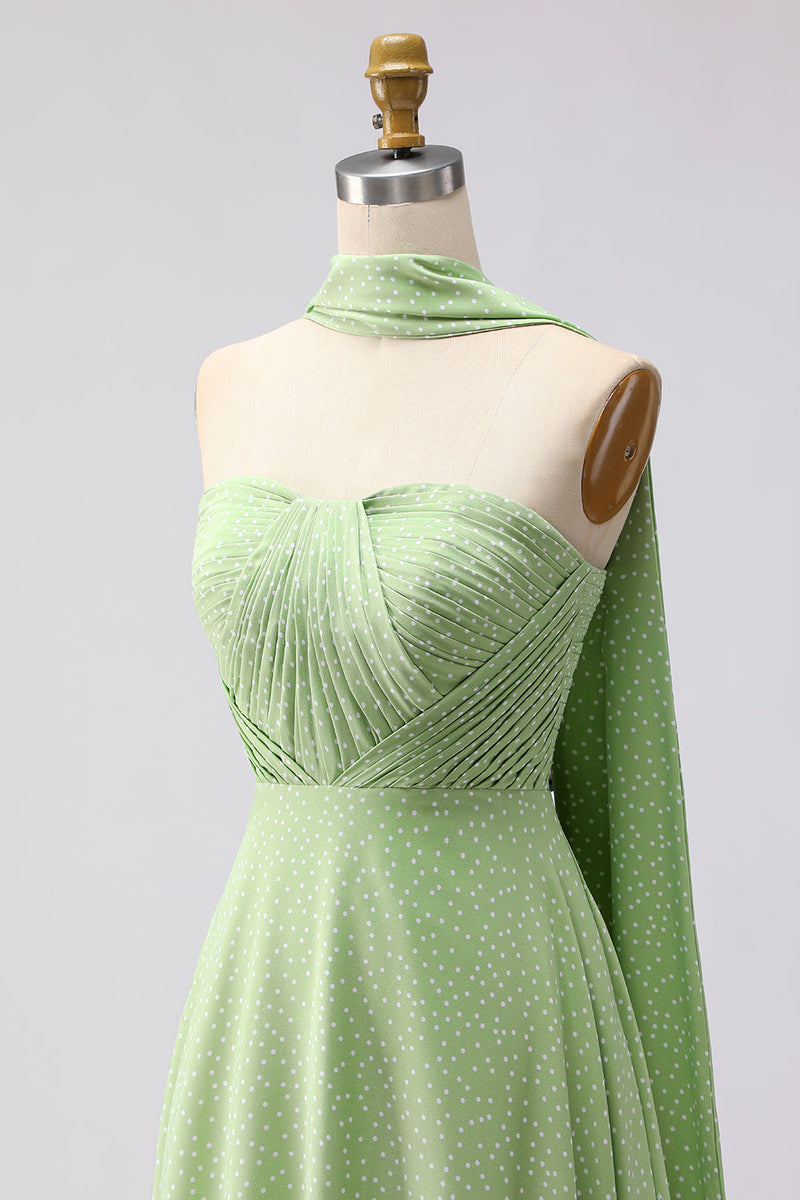 Load image into Gallery viewer, Green White Polka Dots Neck Scarf Long A Line Formal Dress