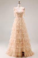 Load image into Gallery viewer, Floral Green A Line Tiered Tulle Long Prom Dress with Slit