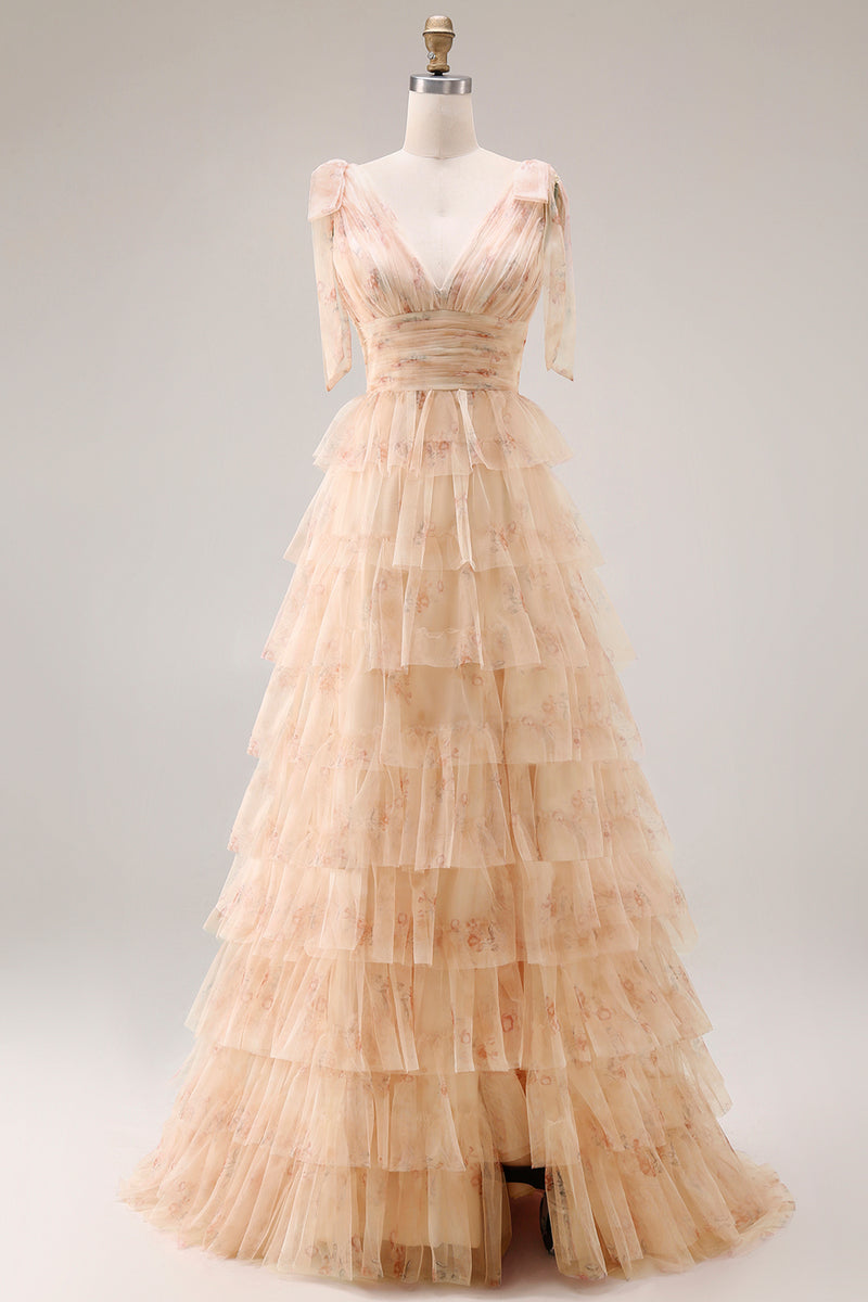 Load image into Gallery viewer, Floral Green A Line Tiered Tulle Long Prom Dress with Slit