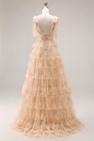 Load image into Gallery viewer, Floral Green A Line Tiered Tulle Long Prom Dress with Slit