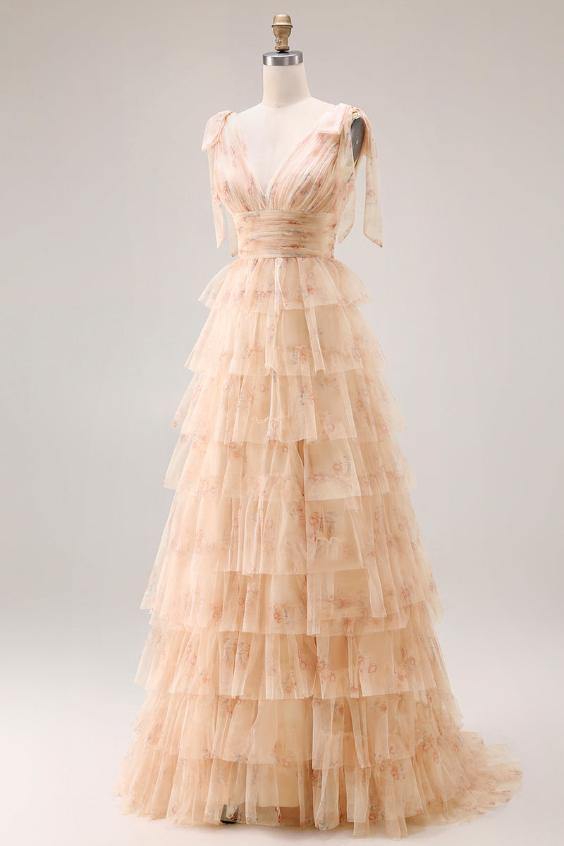Load image into Gallery viewer, Floral Green A Line Tiered Tulle Long Prom Dress with Slit