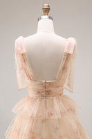 Load image into Gallery viewer, Floral Green A Line Tiered Tulle Long Prom Dress with Slit