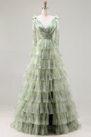 Load image into Gallery viewer, Floral Green A Line Tiered Tulle Long Prom Dress with Slit