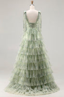 Load image into Gallery viewer, Floral Green A Line Tiered Tulle Long Prom Dress with Slit