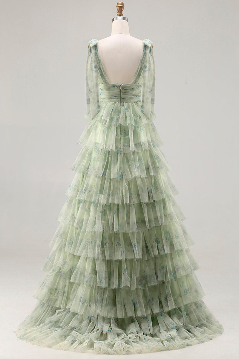 Load image into Gallery viewer, Floral Green A Line Tiered Tulle Long Prom Dress with Slit