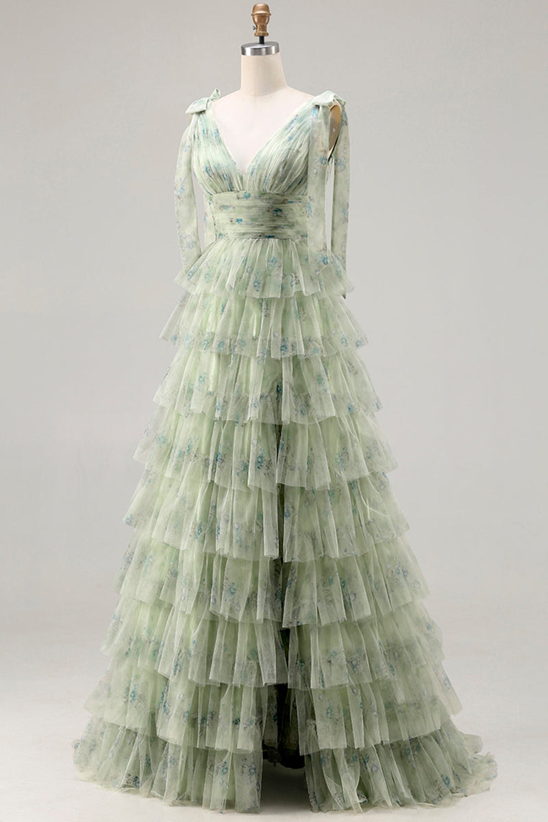 Load image into Gallery viewer, Floral Green A Line Tiered Tulle Long Prom Dress with Slit