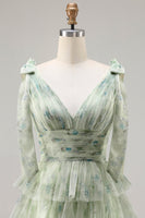 Load image into Gallery viewer, Floral Green A Line Tiered Tulle Long Prom Dress with Slit