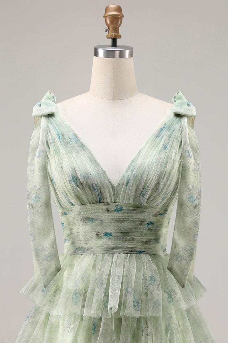 Load image into Gallery viewer, Floral Green A Line Tiered Tulle Long Prom Dress with Slit