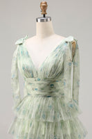 Load image into Gallery viewer, Floral Green A Line Tiered Tulle Long Prom Dress with Slit