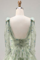 Load image into Gallery viewer, Floral Green A Line Tiered Tulle Long Prom Dress with Slit