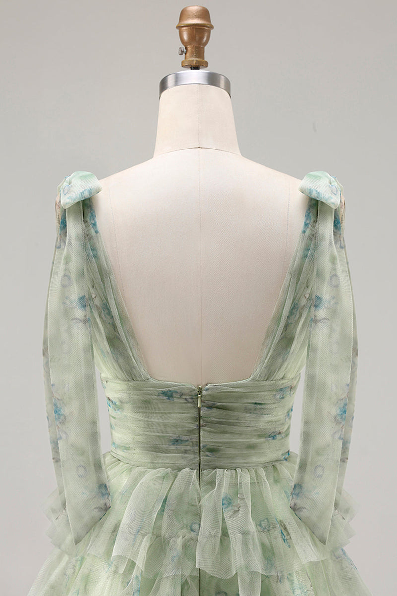 Load image into Gallery viewer, Floral Green A Line Tiered Tulle Long Prom Dress with Slit