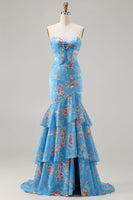 Load image into Gallery viewer, Floral Blue Pink Sweetheart Mermaid Long Prom Dress with Ruffles
