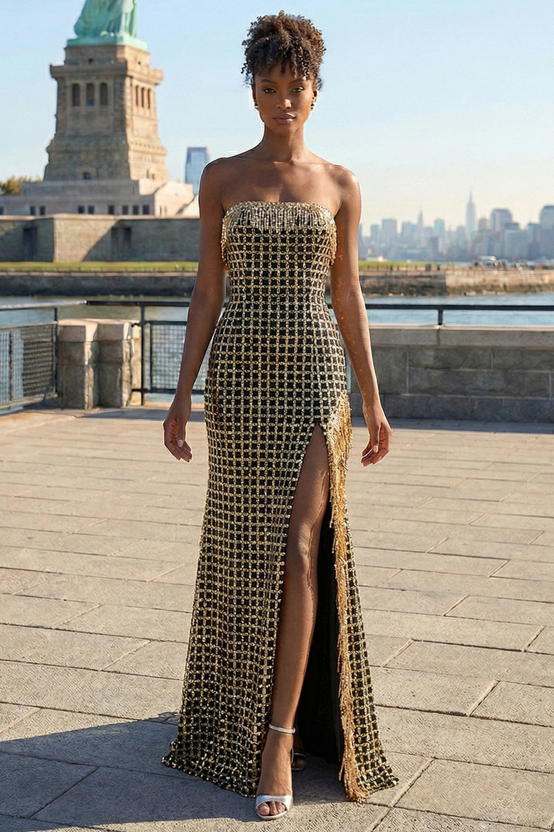 Load image into Gallery viewer, Sparkly Black and Golden Strapless Long Prom Dress with Slit