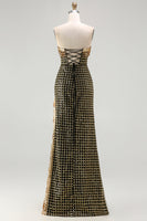 Load image into Gallery viewer, Sparkly Black and Golden Strapless Long Prom Dress with Slit