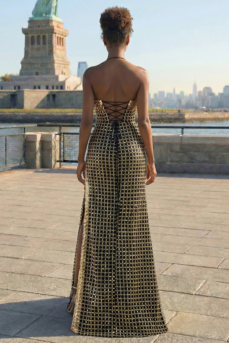 Load image into Gallery viewer, Sparkly Black and Golden Strapless Long Prom Dress with Slit