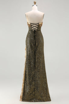 Sparkly Black and Golden Strapless Long Prom Dress with Slit