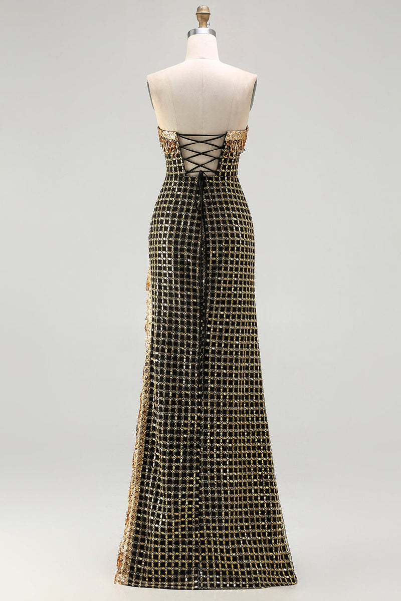 Load image into Gallery viewer, Sparkly Black and Golden Strapless Long Prom Dress with Slit