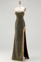 Load image into Gallery viewer, Sparkly Black and Golden Strapless Long Prom Dress with Slit