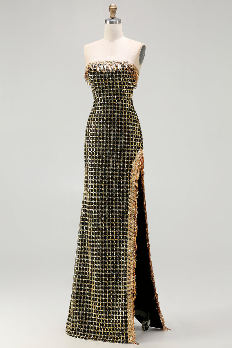 Load image into Gallery viewer, Sparkly Black and Golden Strapless Long Prom Dress with Slit