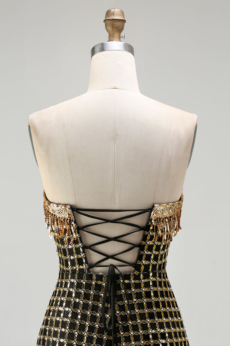 Load image into Gallery viewer, Sparkly Black and Golden Strapless Long Prom Dress with Slit