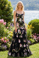 Load image into Gallery viewer, Black Pink Flower Mermaid Tiered Scoop Neck Long Prom Dress