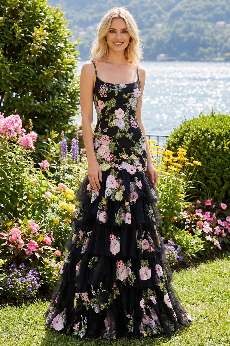 Load image into Gallery viewer, Black Pink Flower Mermaid Tiered Scoop Neck Long Prom Dress