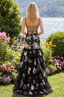 Load image into Gallery viewer, Black Pink Flower Mermaid Tiered Scoop Neck Long Prom Dress