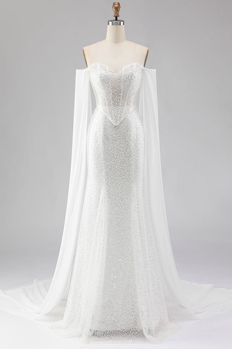 Load image into Gallery viewer, Sparkly White Beaded Off the Shoulder Mermaid Long Corset Prom Dress