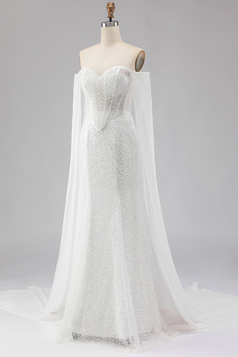 Load image into Gallery viewer, Sparkly White Beaded Off the Shoulder Mermaid Long Corset Prom Dress