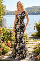 Load image into Gallery viewer, One Shoulder Black Pink Flower Mermaid Long Prom Dress