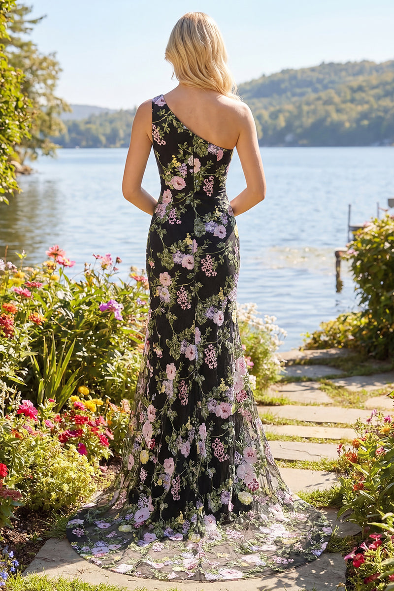 Load image into Gallery viewer, One Shoulder Black Pink Flower Mermaid Long Prom Dress