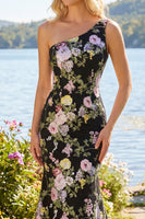 Load image into Gallery viewer, One Shoulder Black Pink Flower Mermaid Long Prom Dress