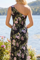 Load image into Gallery viewer, One Shoulder Black Pink Flower Mermaid Long Prom Dress