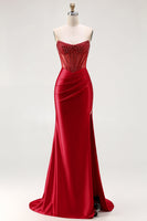 Load image into Gallery viewer, Sparkly Red Mermaid Satin Beaded Long Corset Prom Dress with Slit