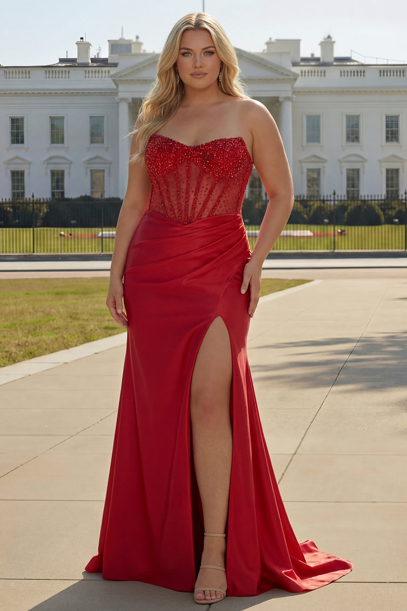 Load image into Gallery viewer, Sparkly Plus Size Mermaid Red Satin Beaded Long Corset Prom Dress with Slit
