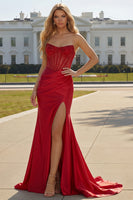 Load image into Gallery viewer, Sparkly Plus Size Mermaid Red Satin Beaded Long Corset Prom Dress with Slit