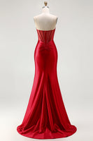 Load image into Gallery viewer, Sparkly Red Mermaid Satin Beaded Long Corset Prom Dress with Slit