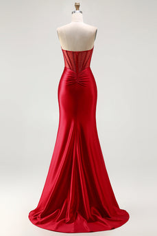 Sparkly Red Mermaid Satin Beaded Long Corset Prom Dress with Slit