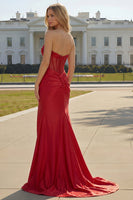 Load image into Gallery viewer, Sparkly Plus Size Mermaid Red Satin Beaded Long Corset Prom Dress with Slit