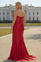 Load image into Gallery viewer, Sparkly Plus Size Mermaid Red Satin Beaded Long Corset Prom Dress with Slit