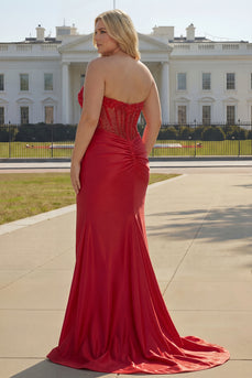 Sparkly Plus Size Mermaid Red Satin Beaded Long Corset Prom Dress with Slit